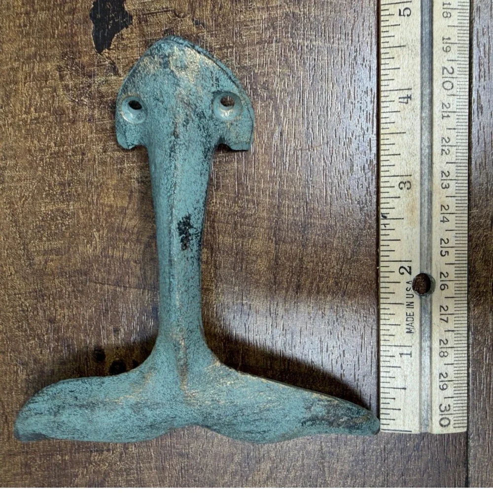Set of 5 Cast Iron Whale Tail Wall Hooks Verdigris Coastal Green Nautical